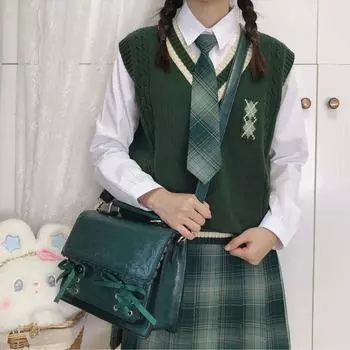 Женская одежда Винтаж Классический JK Preppy Style Милый свитер Жилет Y2K V-образный вырез Без рукавов Шикарный свободный универсальный трикотажный жилет S зелёный