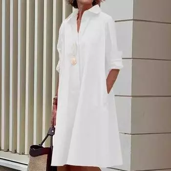 Женская одежда в европейском и американском стиле, простые и свободные рубашки, модные платья, весенняя и летняя женская одежда с длинными рукавами XXXL белый