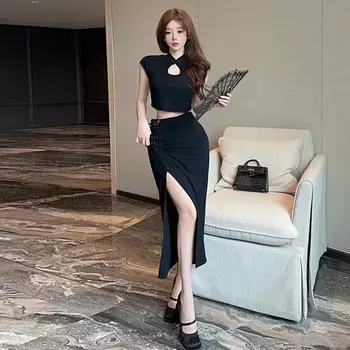 Женская одежда в китайском национальном стиле с открытыми плечами и юбкой S чёрный