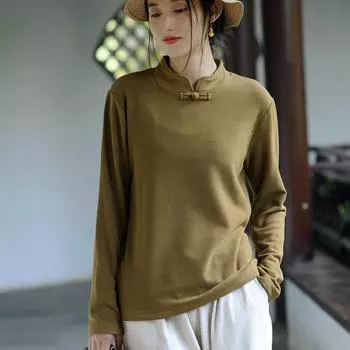 Женская одежда в китайском стиле с осенне-зимней тонкой бархатной нижней рубашкой, женская верхняя одежда, модная китайская блузка с пряжкой в стиле ретро XXL чёрный