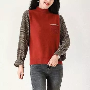 Женская одежда в стиле «два в одном», свитера, пуловеры, осень, полувысокий воротник, рукав-клеш, свободный крой, модный, универсальный, вязаный топ 2024 L красный