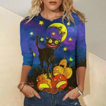 Женская одежда в стиле хип-хоп Харадзюку на Хэллоуин с круглым вырезом и длинными рукавами, необычные футболки, топы из искусственного хлопка, праздничные стили 2024 года, новинка S