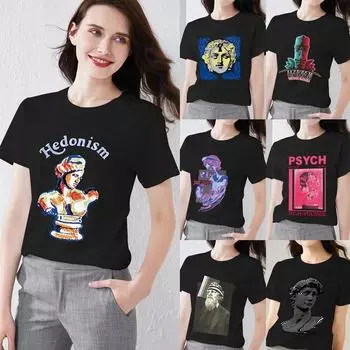 Женская одежда в стиле ретро, футболка, повседневный тонкий топ, простой черный пригородный топ с коротким рукавом, забавный скульптурный принт, женский модный топ с круглым вырезом 3XXL