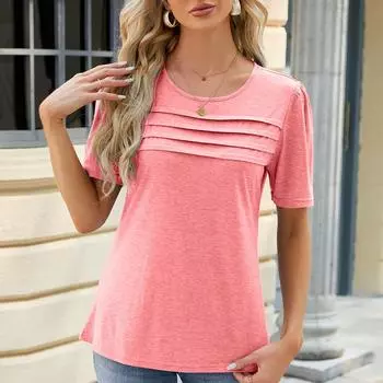 Женская одежда, весенне-летняя футболка для женщин, однотонный плиссированный топ с U-образным вырезом S белый