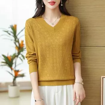 Женская одежда весна-осень, однотонный свитер с V-образным вырезом и длинными рукавами, вязаный универсальный корейский топ L розовый