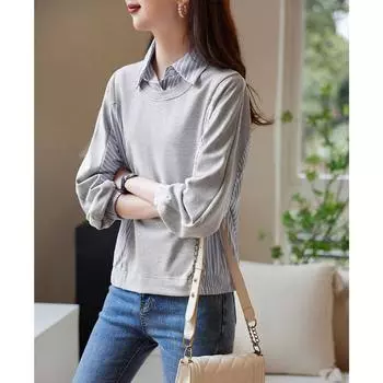 Женская одежда весна осень отложной воротник свитер с длинным рукавом пуговицы полосатый повседневный поддельный из двух частей контрастные цветные топы L серый