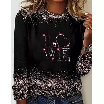 Женская одежда весна-осень с принтом LOVE Letter, повседневная футболка с длинными рукавами и круглым вырезом S чёрный
