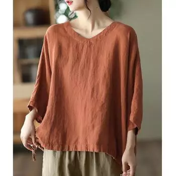 Женская одежда, винтажная, простая, на шнурке, свободного покроя, уличная, хлопковая футболка, летние модные, с V-образным вырезом, с коротким рукавом, однотонные топы one size оранжевый