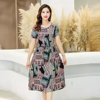 Женская одежда, винтажные платья с цветочным принтом, с коротким рукавом, летнее трапециевидное платье с круглым вырезом, стильное платье миди на шнурке XL