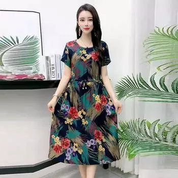 Женская одежда, винтажные платья с цветочным принтом, с коротким рукавом, летнее трапециевидное платье с круглым вырезом, стильное платье миди на шнурке XL