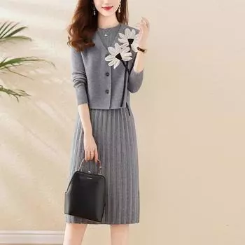 Женская одежда высокого качества, вязаное шерстяное платье, облегающий темпераментный комплект из двух предметов S