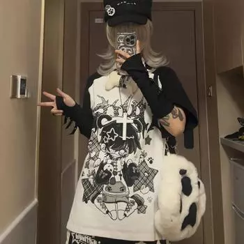 Женская одежда Японские милые футболки с коротким рукавом и круглым вырезом с принтом аниме Летние футболки Y2k Топы Повседневный шик Harajuku Футболка большого размера S белый