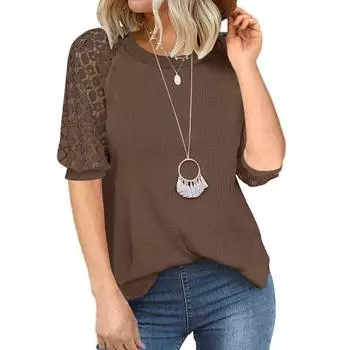 Женская одежда Женская футболка с плечами реглан Вафельное кружево Лоскутное платье с круглым вырезом и короткими рукавами S чёрный