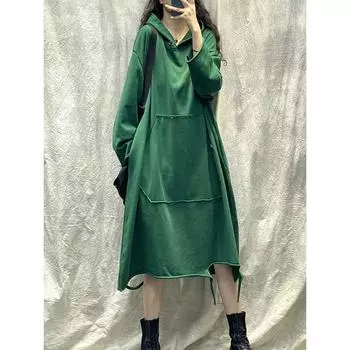 Женская одежда Женские платья Весна и осень Женская мода Зимнее платье с длинными рукавами Женское осенне-зимнее платье с капюшоном L чёрный