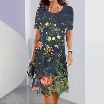 Женская одежда, женское платье с коротким рукавом, свободные платья, пуловер с 3d полосками и принтом, летняя повседневная стильная юбка трапециевидной формы S