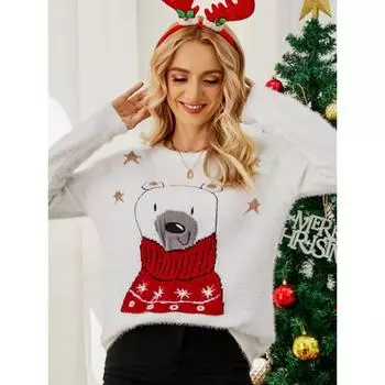Женская одежда Зимний кавайный забавный мультяшный медведь вышитый вязаный свитер Y2K повседневная уличная одежда с длинным рукавом джемперы M белый