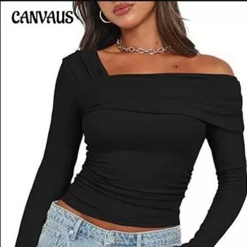Женская одно плечо топ с длинным рукавом плиссированная декорированная блузка тонкая рубашка S чёрный