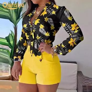 Женская однобортная блузка с воротником-стойкой и цветочным принтом на пуговицах и длинными рукавами M розовый