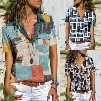 Женская однобортная однобортная футболка с отложным воротником и короткими рукавами, повседневная футболка с принтом, блузка, уличная одежда M чёрный