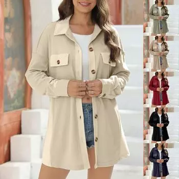 Женская однобортная рубашка с воротником с лацканами, модная повседневная рубашка с длинными рукавами и карманами XL темно-синий