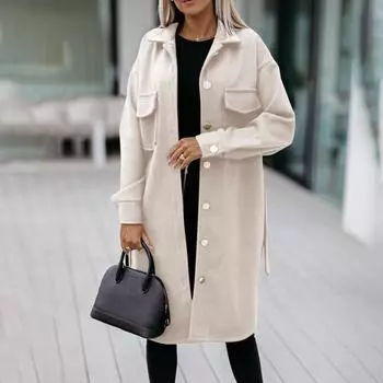 Женская однобортная шерстяная куртка с длинным рукавом и поясом, с карманами XL бежевый