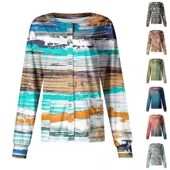 Женская однобортная защитная рабочая одежда с длинными рукавами и карманами, винтажный принт с воротником-стойкой, куртка-кардиган, топы XL армия зеленый