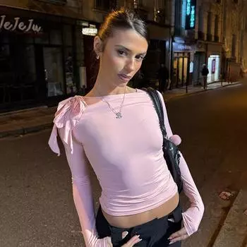 Женская одноплечевая завязка с дизайном однотонная Spice Girls плиссированная талия тонкая баска модная короткая футболка с длинным рукавом S розовый