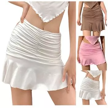 Женская однотонная эластичная плиссированная юбка с рюшами, тонкая сексуальная мини-юбка M розовый
