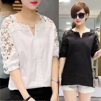Женская однотонная ажурная блузка, женские повседневные хлопковые рубашки с короткими рукавами и v-образным вырезом, топы 2XL