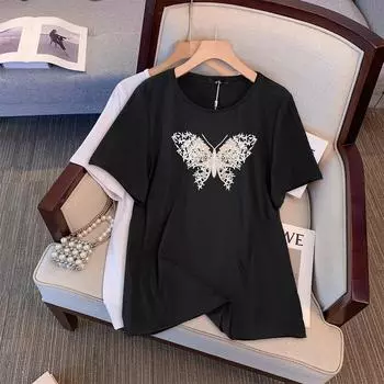 Женская однотонная базовая свободная футболка с принтом бабочки и круглым вырезом, летняя повседневная модная дышащая легкая футболка для работы, отдыха, плюс топ 2XL белый