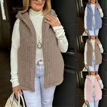 Женская однотонная безрукавка плюшевая повседневная куртка-кардиган с капюшоном M коричневый