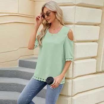 Женская однотонная блузка на весну и лето с открытыми плечами и круглым вырезом, кружевной свободный топ с разрезом 3/4 и рукавами 3/4 S абрикосовый