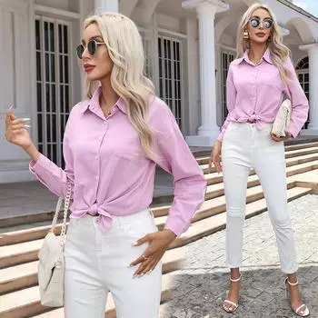 Женская однотонная блузка на весну и осень, свободная повседневная рубашка из чистого хлопка с длинными рукавами, женские топы S белый