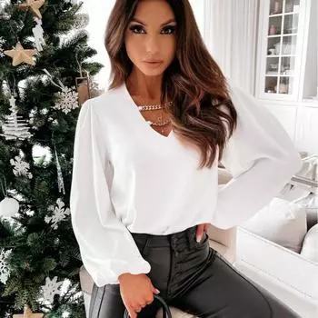 Женская однотонная блузка с V-образным вырезом и рукавами-фонариками S белый