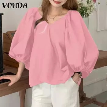 Женская однотонная блузка VONDA с v-образным вырезом и объемными рукавами и рюшами
