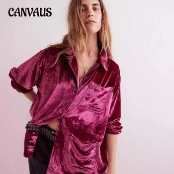 Женская однотонная блузка, жакет, новая свободная бархатная блузка с длинным рукавом и карманом на пуговицах S розы красного