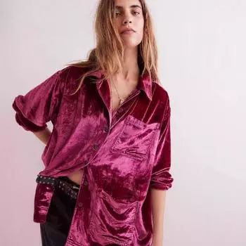 Женская однотонная блузка, жакет, новая свободная бархатная блузка с длинным рукавом и карманом на пуговицах S розы красного