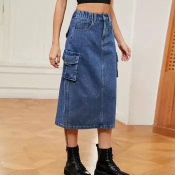 Женская однотонная джинсовая рабочая юбка на весну и лето, повседневная юбка средней длины с индивидуальным дизайном 2XL чёрный