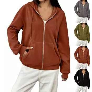 Женская однотонная флисовая куртка с капюшоном и длинными рукавами, свободная уличная куртка на молнии L армия зеленый