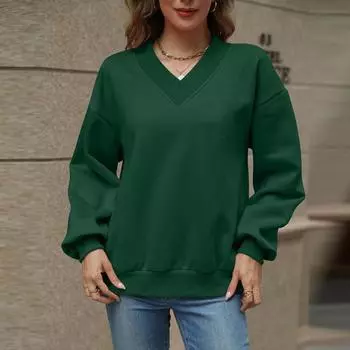 Женская однотонная флисовая мешковатая толстовка с капюшоном и V-образным вырезом L армия зеленый