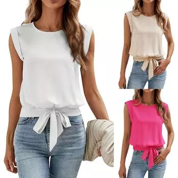 Женская однотонная футболка без рукавов с завязкой сверху L бежевый