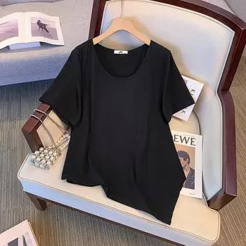 Женская однотонная футболка больших размеров, летняя хлопковая рубашка с короткими рукавами, свободная тонкая тонкая блузка 2XL чёрный
