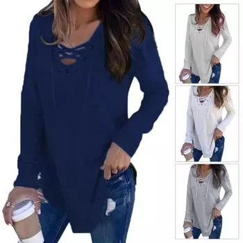 Женская однотонная футболка на шнуровке с длинным рукавом, нерегулярная блузка XL чёрный