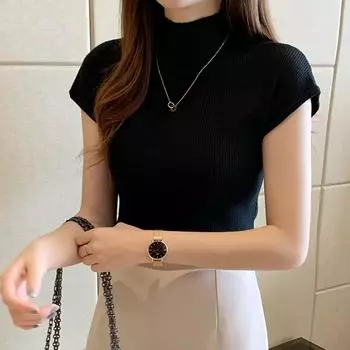 Женская однотонная футболка, полуводолазка, модная тонкая повседневная трикотажная футболка в рубчик с коротким рукавом, приталенная футболка, летняя базовая футболка One Size