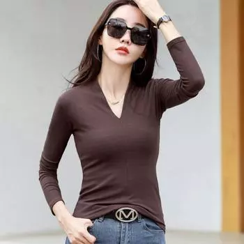 Женская однотонная футболка, повседневная футболка с V-образным вырезом и длинным рукавом для весны и осени S чёрный