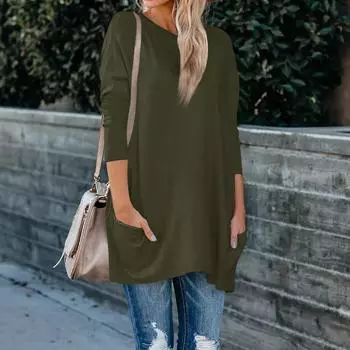 Женская однотонная футболка с длинным рукавом и круглым вырезом, карманного размера L армия зеленый