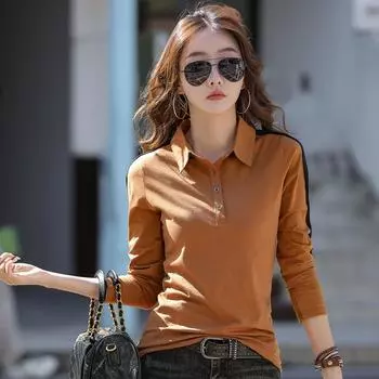 Женская однотонная футболка с длинным рукавом и лацканами, свободные топы из хлопка 3XL чёрный