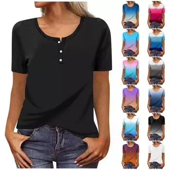 Женская однотонная футболка с градиентным принтом, круглым вырезом, пуговицами, короткими рукавами и низом, футболка Верх XXL синий