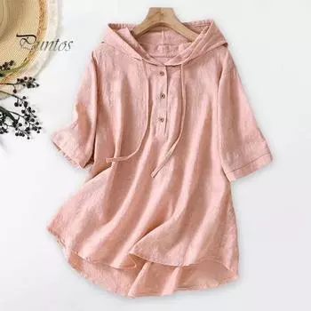 Женская однотонная футболка с капюшоном и пуговицами, полупланка с короткими рукавами, пуловер, топы, однотонная тонкая свободная блузка с завязками XL розовый