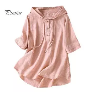 Женская однотонная футболка с капюшоном и пуговицами, полупланка с короткими рукавами, пуловер, топы, однотонная тонкая свободная блузка с завязками M розовый